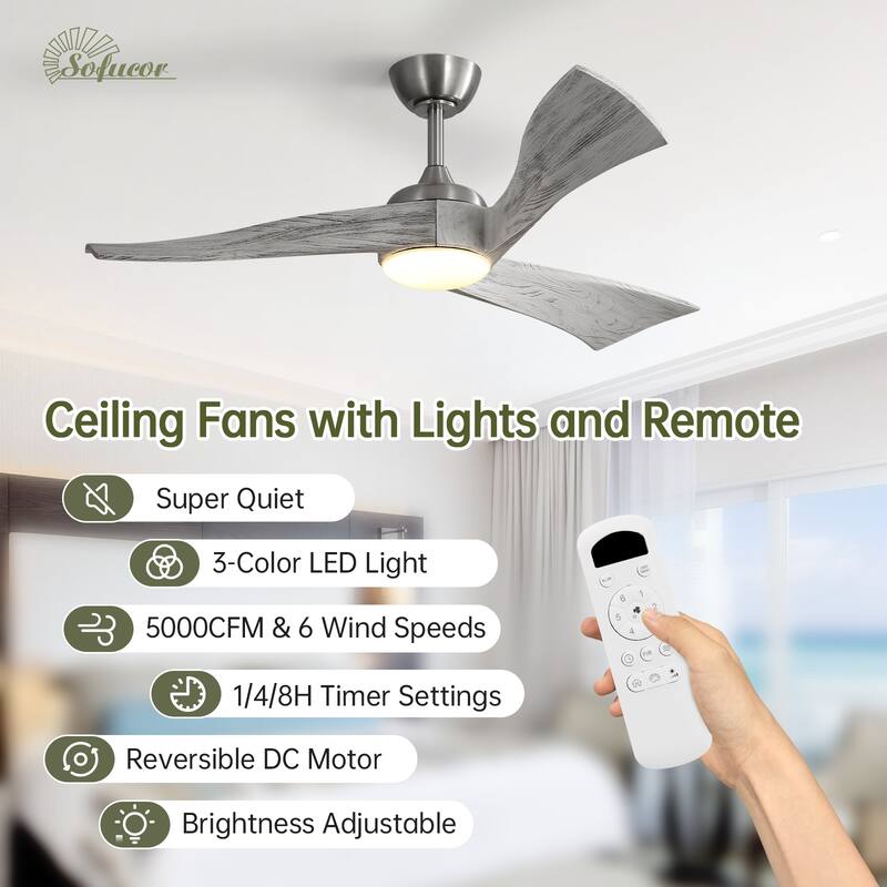 52"Solid Wood Ceiling Fan with Light Optional, 6-Speed Reversible DC Motor and Remote control,Smart Optional