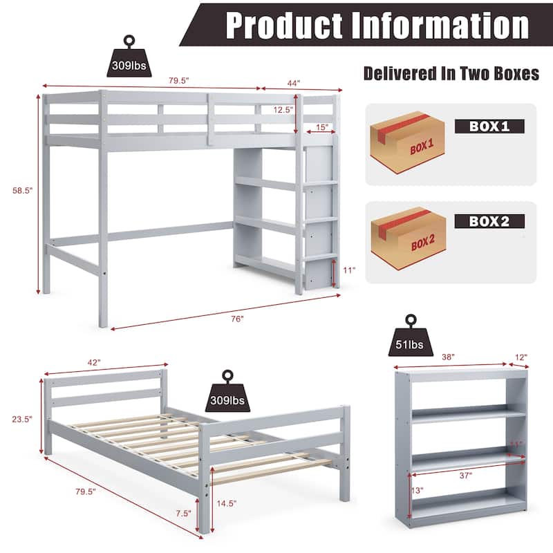 Costway Twin Over Twin Loft Bunk Bed Wood w/Bookcase Guardrail Ladder - 79.5'' x 44'' x 58.5''