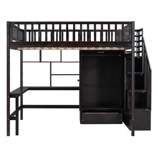 Minimalist Design Full Size Wood Loft Bed,Bookshelf Under Bed and Wardrobe Besides
