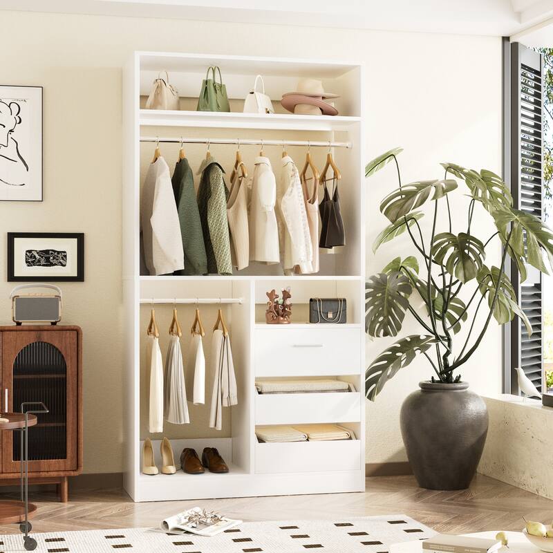 36'' W Freestanding Walk-in Closet Organizer System with 2 Hanging Rods and 3 Wood Drawers
