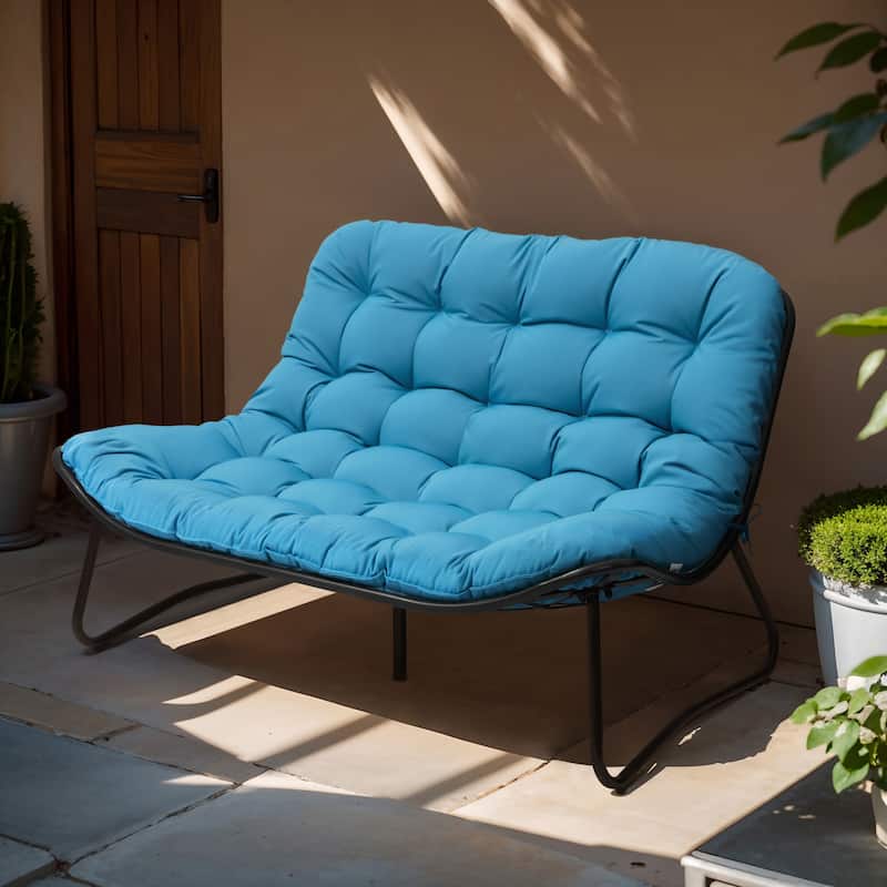 Double Papasan Chair Loveseat with Cushion, All-weather PE Rattan and Metal Frame for Indoor Outdoor - 1PC - Blue cushion,no rattan,Black frame