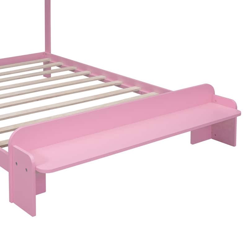 Full Size Wood Platform Bed with House-shaped Headboard and Footboard Bench