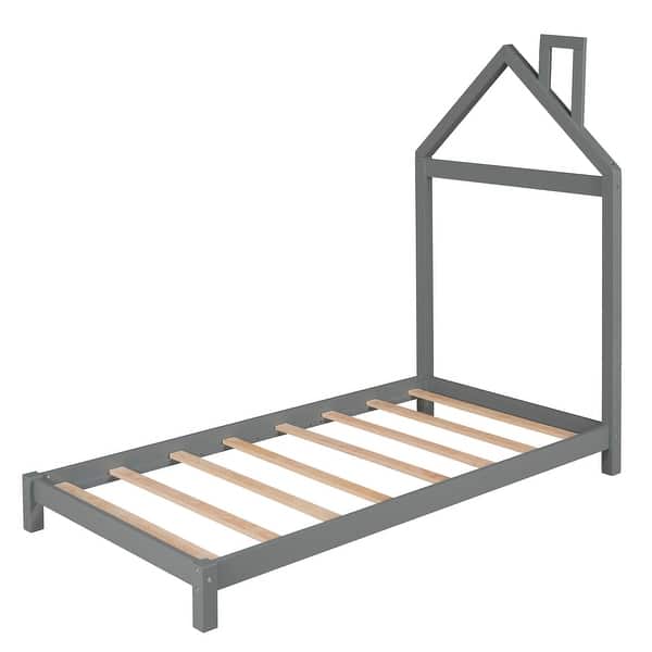 slide 2 of 72, Wooden Platform Bed with Wood Slat Support, Modern Solid Wood Kids Bed Frame with House-shaped Headboard, No Box Spring Needed Gray - Twin