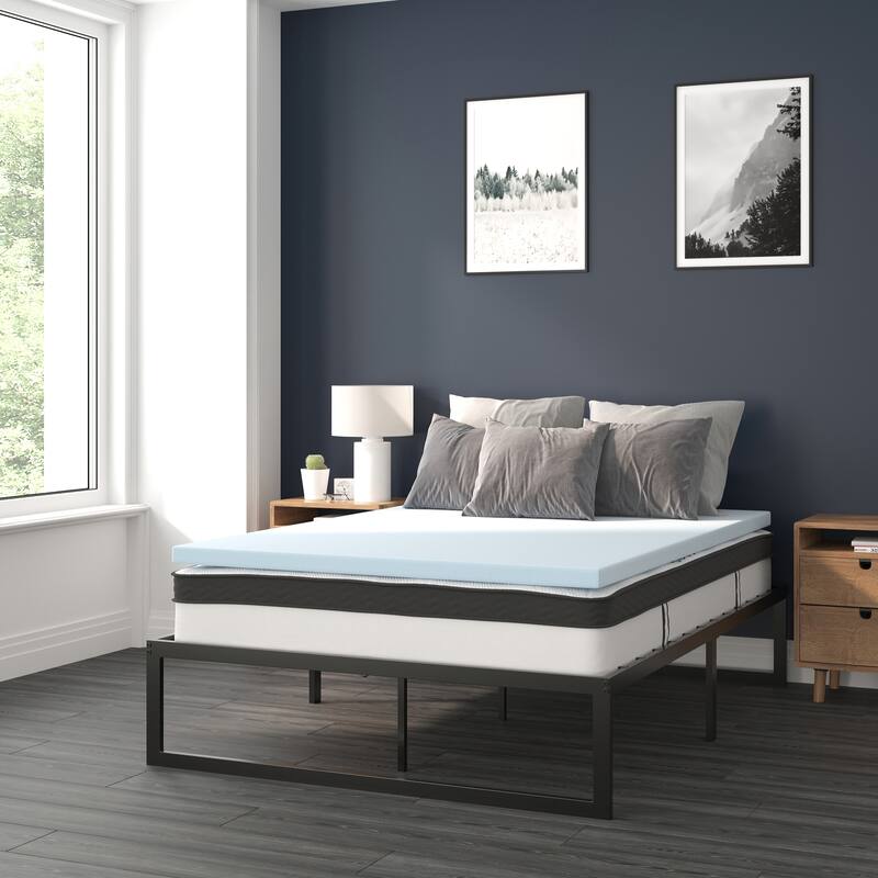 Platform Bed Frame; Pocket Spring Mattress & Memory Foam Topper - Black - Full