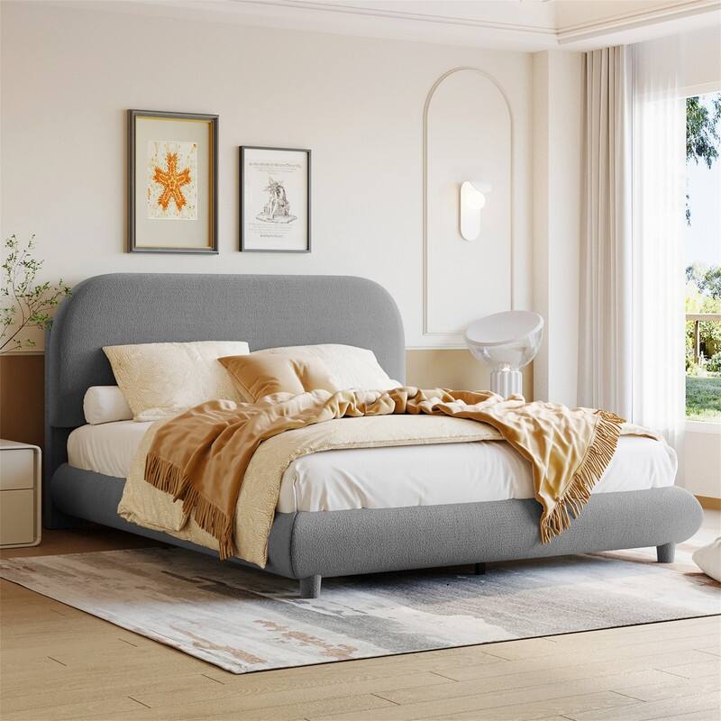 Teddy Fleece Upholstered Bed Frame with Curved Shaped Headboard, Full/Queen Size Platform Bed with Wood Slats Support - Grey - Full