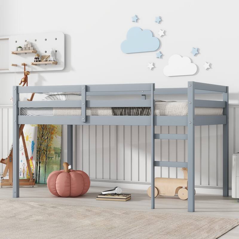 Grey Twin Loft Bed with Ladder and Strengthened Slats, Rubber Wood and Plywood, Low Height Design