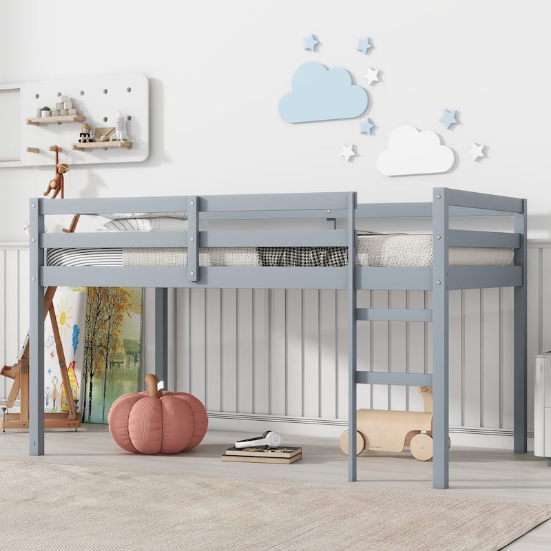 Twin Size Rubber Wooden Loft Bed with Ladder, Bed Platform of Strengthened Slats