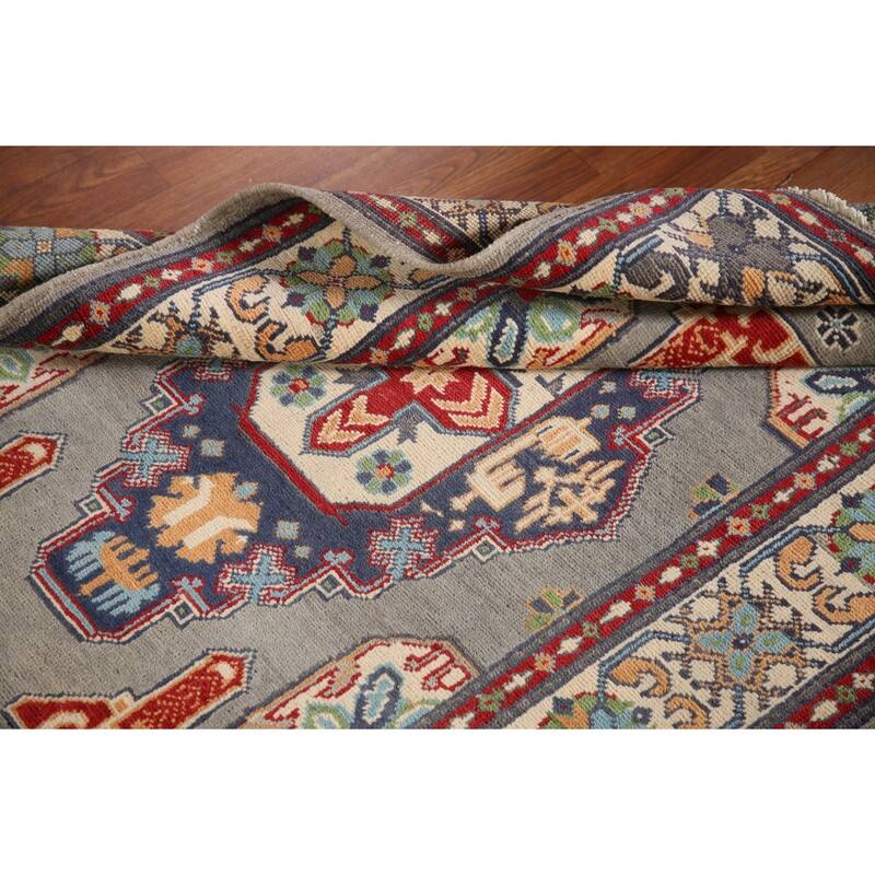 Geometric Kazak Oriental Rug Hand-Knotted Oriental Grey Wool Carpet - 3'6"x 4'10"
