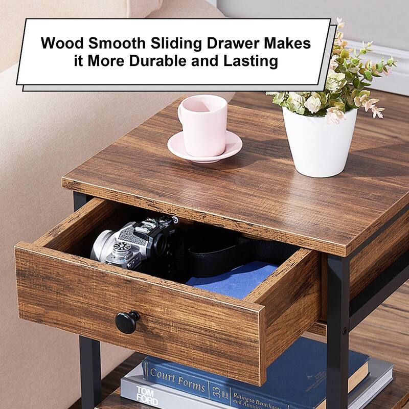 VECELO Set of 2 Modern Nightstands with Drawer & Open Shelves Slim Bedside Table for Small Space Bedroom and Living Room