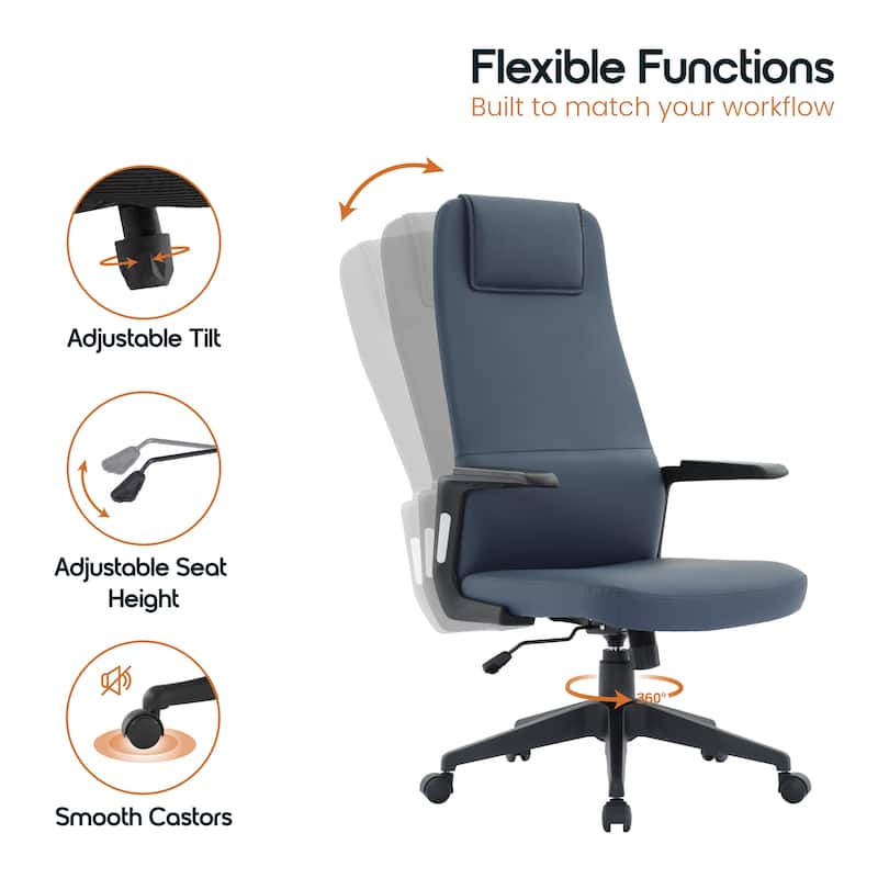 Nexa Ergonomic Leather/Polyester High-Back Office Chair with Padded Headrest, Adjustable Height, Swivel, and Smooth Casters