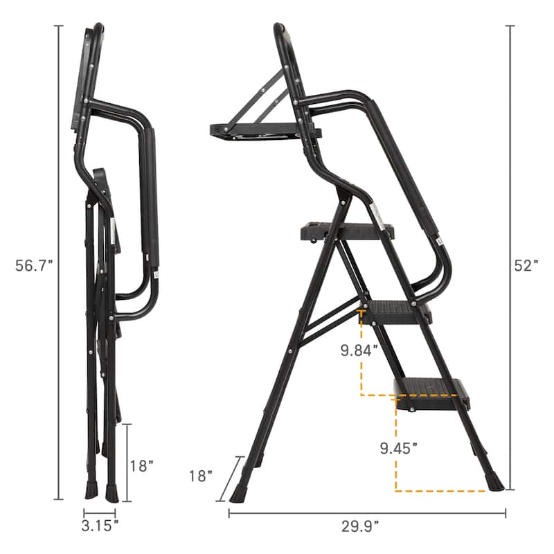 3 Step Ladder with Handrails Folding Step Stool