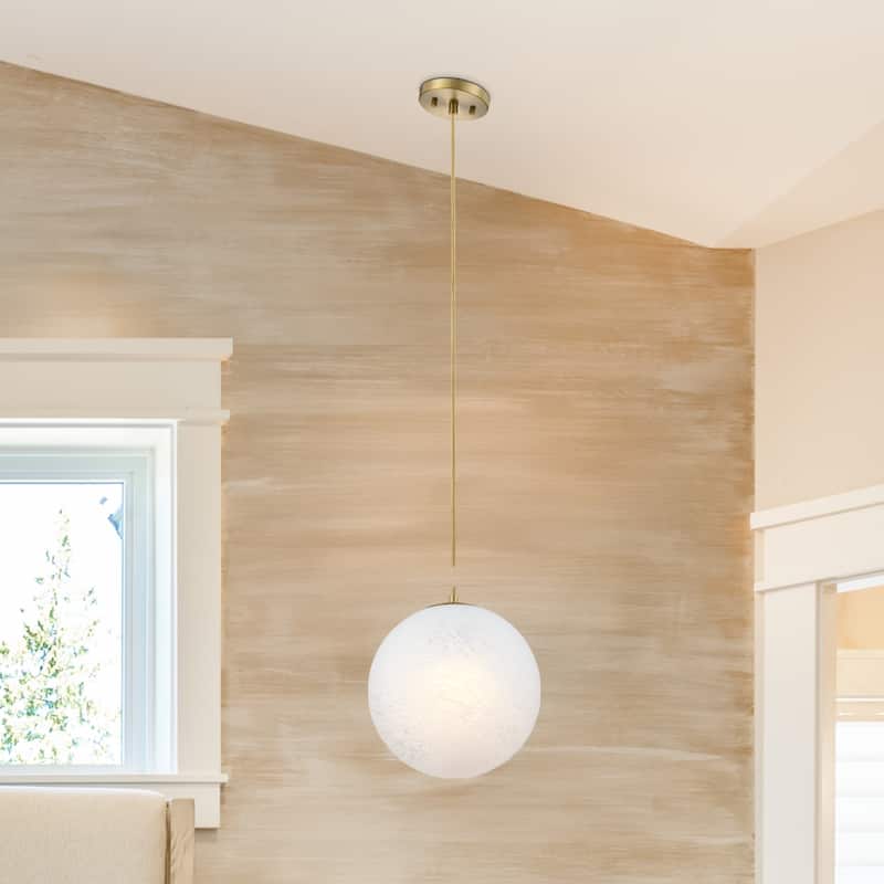 Pixie 60 Watt 1-Light Brushed Gold Globe Pendant Light with Etched Cloud Glass Shade - 12.5