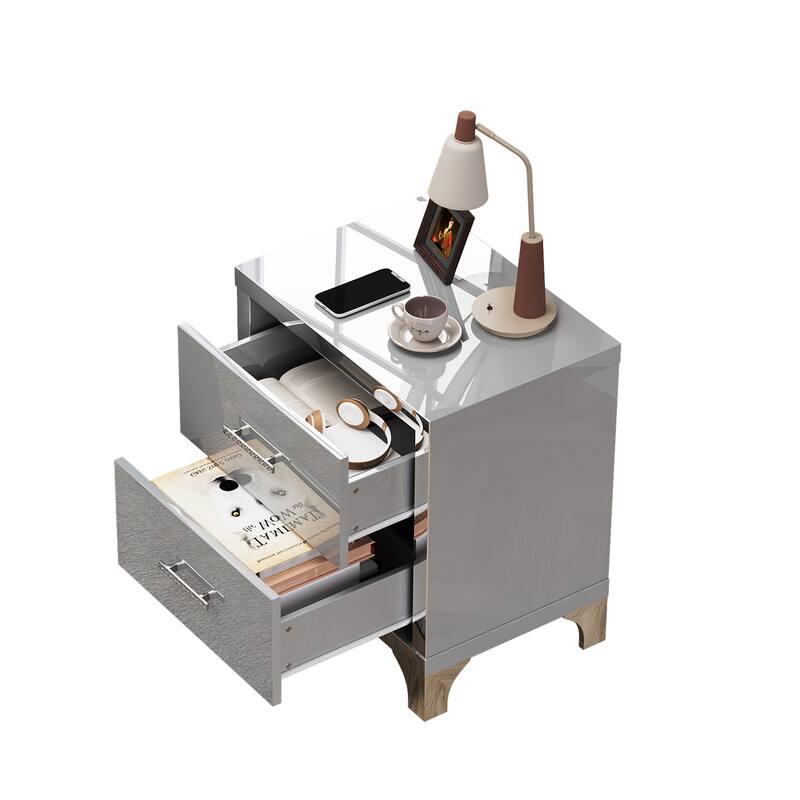 High Gloss Mirrored Nightstand with 2 Drawers,Modern End Table with Drawers,Mirrored High Gloss Wood Nightstand Metal Handle