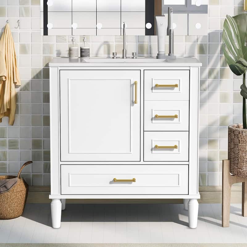 30" Bathroom Vanity with Ceramic Sink,Ample Storage Cabinet for Bathroom - White