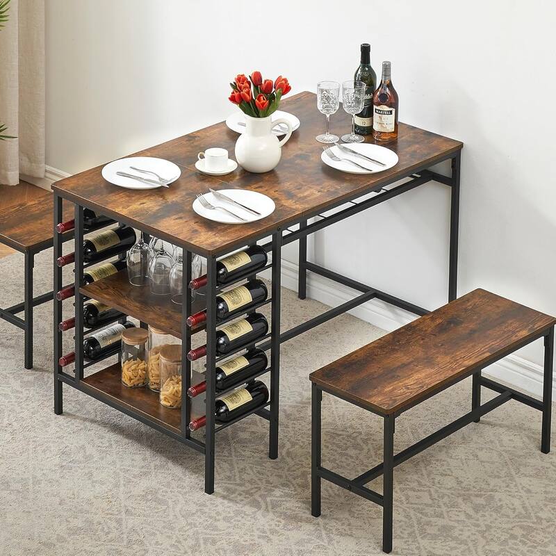 Dining Table Set with 2 Benches and Storage Shelf, Rectangular Table for Small Dining Area or Apartment - Brown