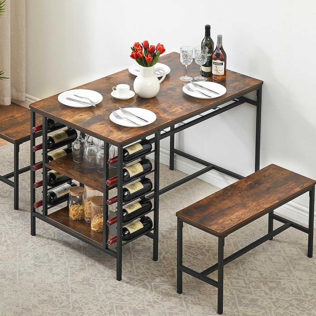 Dining Table Set with 2 Benches and Storage Shelf, Rectangular Table for Small Dining Area or Apartment