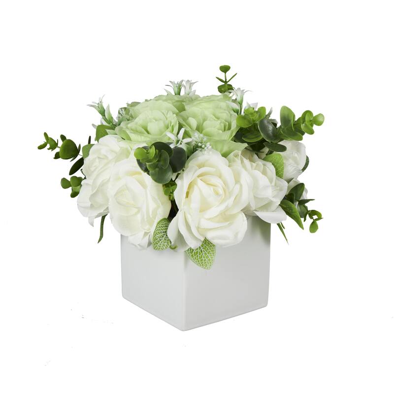 White Fabric Artificial Flower with Green Leaves and Square Ceramic Vase