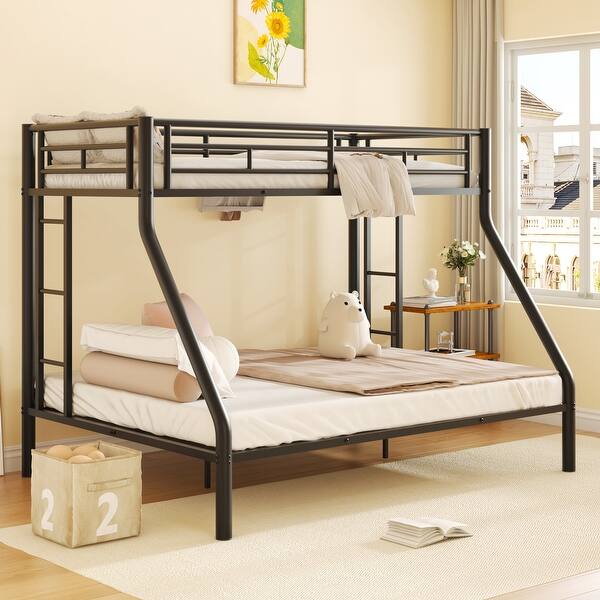 slide 2 of 10, Black Twin XL over Queen Size Metal Bunk Bed with Ladder & Guardrails for Kids Twin XL over Queen - Black