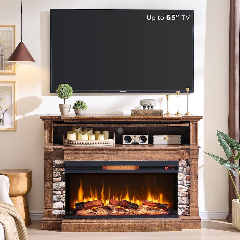 Farmhouse TV Stand With 3-Sided Glass Fireplace, Entertainment Center