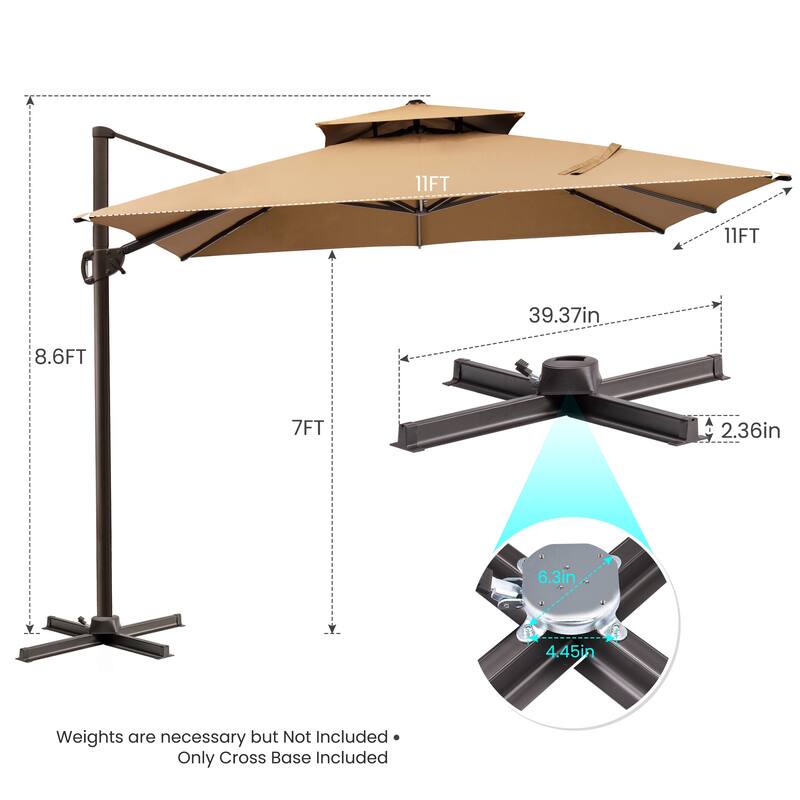 Crestlive Products 11FT Square Patio Offset Double Top Umbrella with Crank