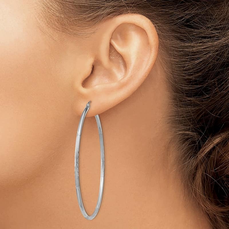 Curata 14k White Gold Satin and Sparkle Cut 56x2mm Round Hoop Earrings