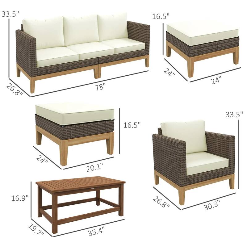5 PCS PE Rattan Conversation, Patio Furniture Set with Cushions