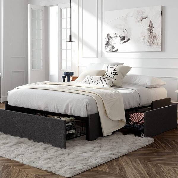 Queen Platform Bed Frame with 3 Storage Drawers, Dark Grey Bed Bath