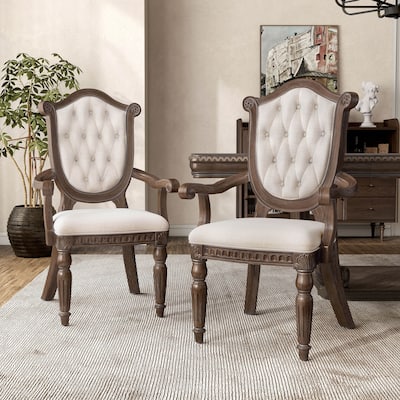 Furniture of America Cassian Traditional Weathered Oak Padded Dining Arm Chairs with Button Tufted Back (Set of 2)