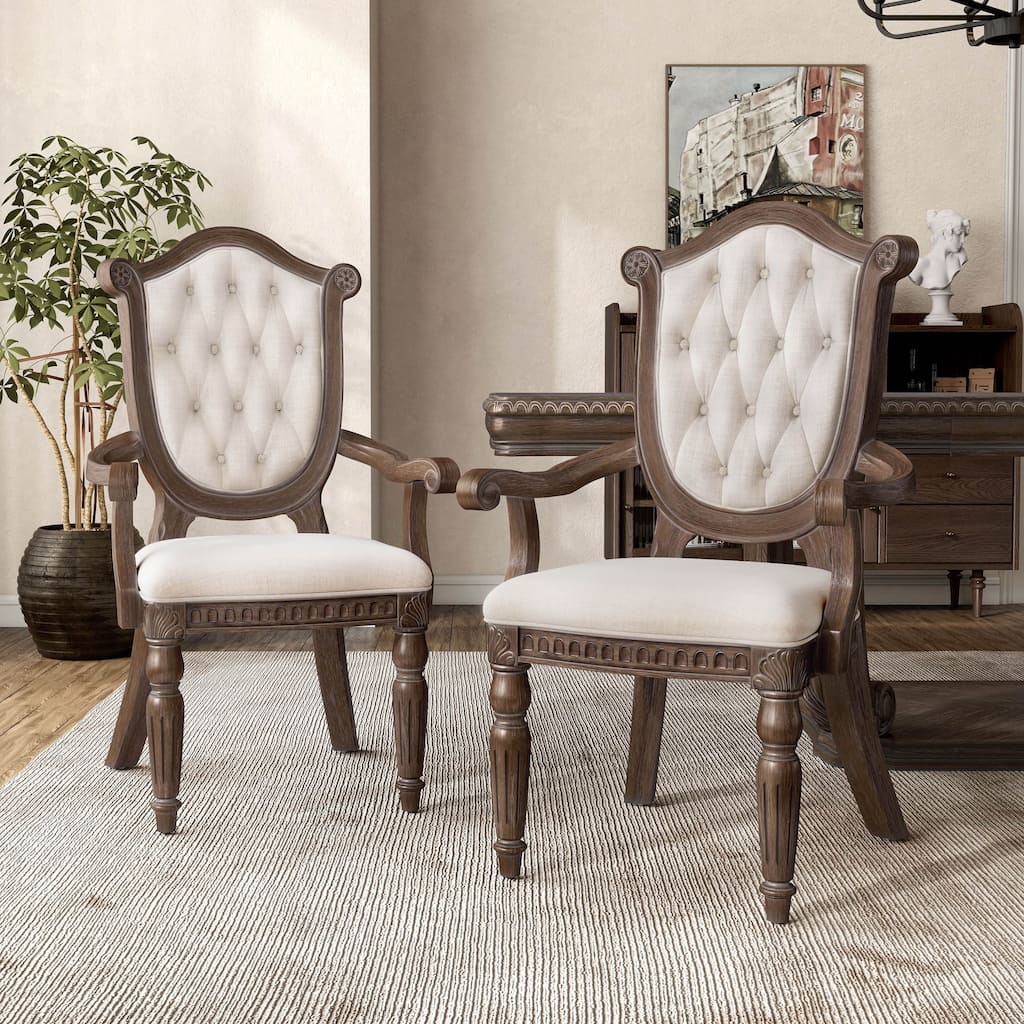 Furniture of America Cassian Traditional Weathered Oak Padded Dining Arm Chairs with Button Tufted Back (Set of 2)