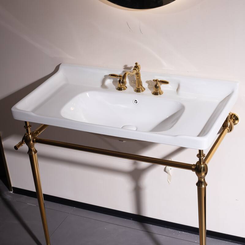 GDFStudio - Vici Modern 36" Bathroom Console Sink with Freestanding Stainless Steel Legs & Towel Bar, WITHOUT Faucet