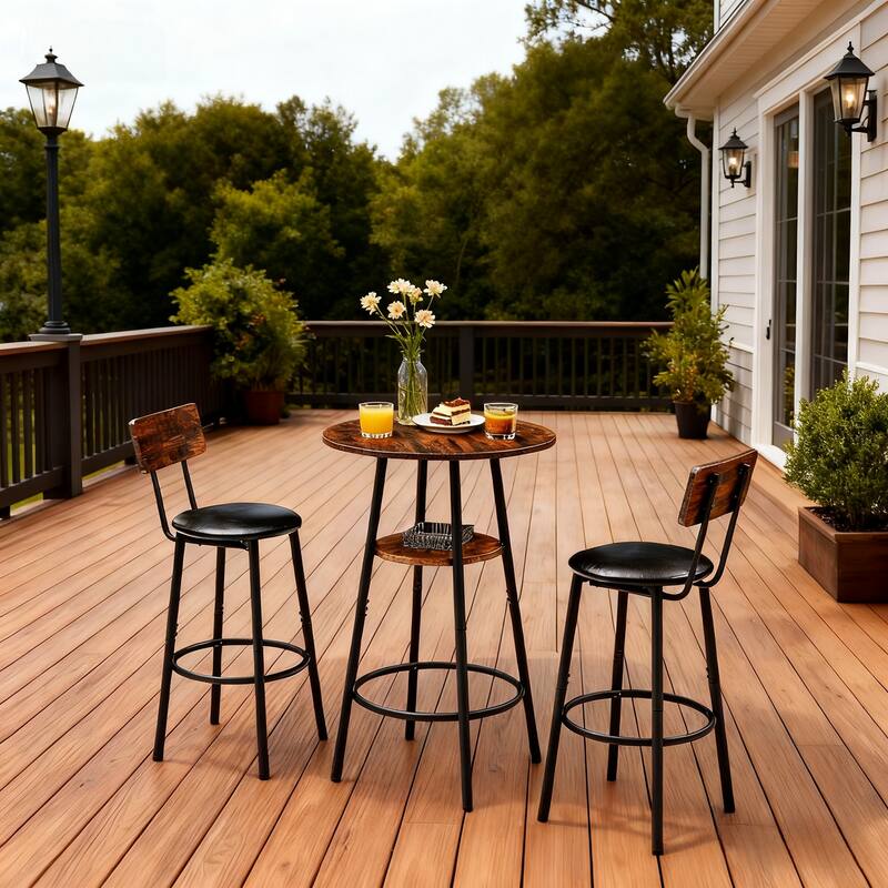 3 Pieces Round Bar Table and Chairs Set, Small Dining Table for 2 with 2-Tier Storage & 2 PU Upholstered Bar Stools