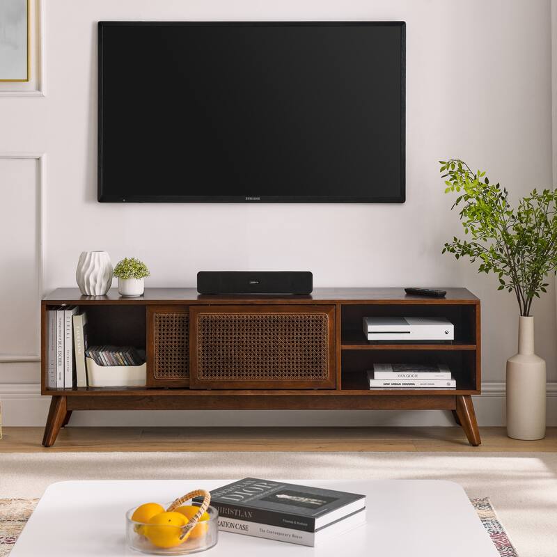59" Dark Wood TV Stand with Rattan Sliding Doors, Boho Media Console with Solid Wood Legs & Adjustable Feet