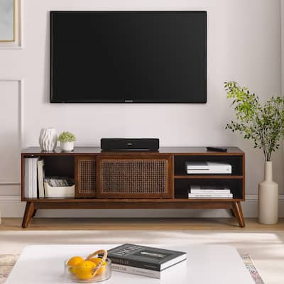 Entertainment Center with Open Shelves, TV Stand with Rattan Cabinet Doors, Media Console Table with Solid Wood Feet