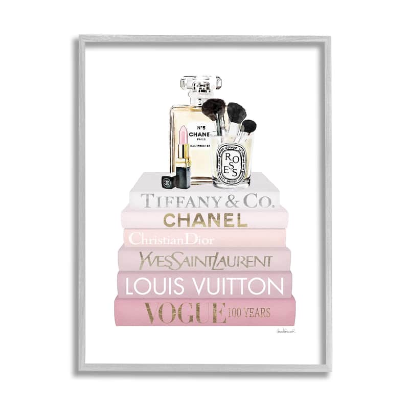 Stupell Deluxe Fragrance and Cosmetics Glam Pink Bookstack Framed Wall Art - 16 x 20 - Grey