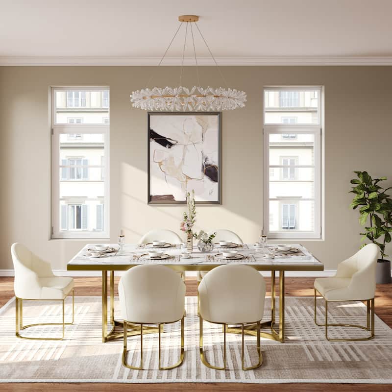 Modern Marble Dining Table with White Rectangular Tabletop Gold Stainless Legs, Dining Room Table
