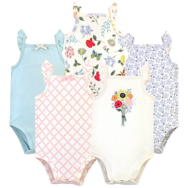 slide 1 of 1, Touched by Nature Baby Girl Organic Cotton Bodysuits 5pk, Flutter Garden 0-3 Months - Flutter Garden