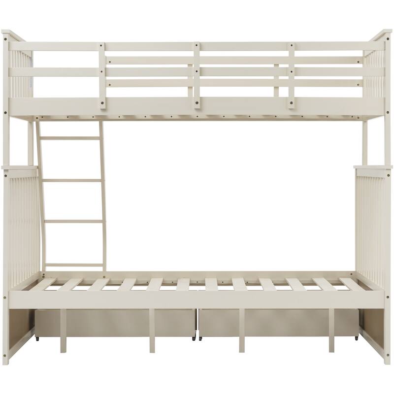 Wooden Twin Over Full Bunk Bed with Storage, Ladder, and Safety Guard Rails