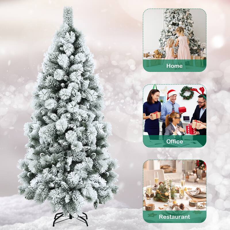 Costway 5ft/6ft/7ft Snow Flocked Hinged Artificial Slim Christmas Tree