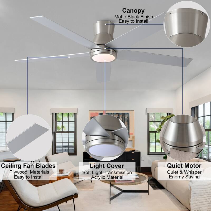 YUHAO AeroLite 48 in. Indoor White Low Profile Standard Ceiling Fan with Bright White Integrated LED Light Kit, Remote Included