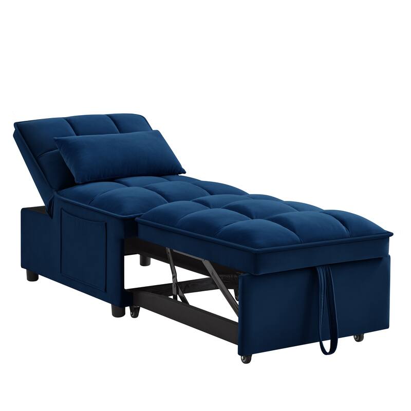 Velvet Multi-Function Chair Bed with Adjustable Backrest, Storage Pockets and Convertible Chaise Design