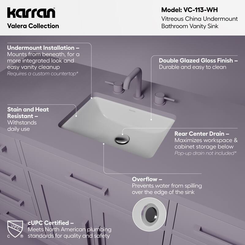 Karran Valera 18" Rectangular Undermount Vitreous China Bathroom Sink in White