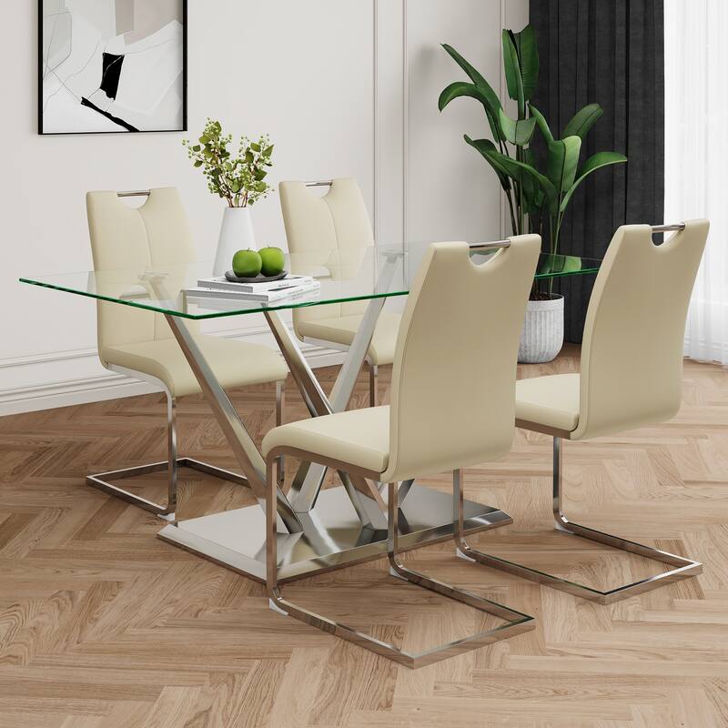 63" Glass Dining Table Set for 4, 5 Piece Dining Table and Chairs Set, Rectangular Table with 4 Faux Leather Chairs & Metal Legs