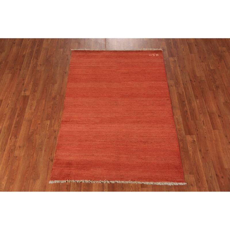 Stripe Orange Gabbeh Modern Rug Handmade Wool Carpet - 3'5" x 4'10"