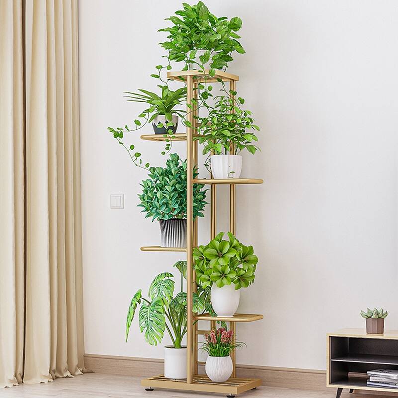 6 Tier Plant Stand, 7 Potted Indoor Tall Plant Holders, Corner Metal Tiered Plant Stands, Multiple Plant Display Rack - gold