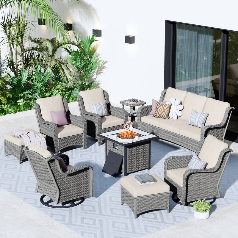 OVIOS 9-piece Patio Wicker Swivel Chair Set With 30" Fire Pit - Beige-Grey Wicker