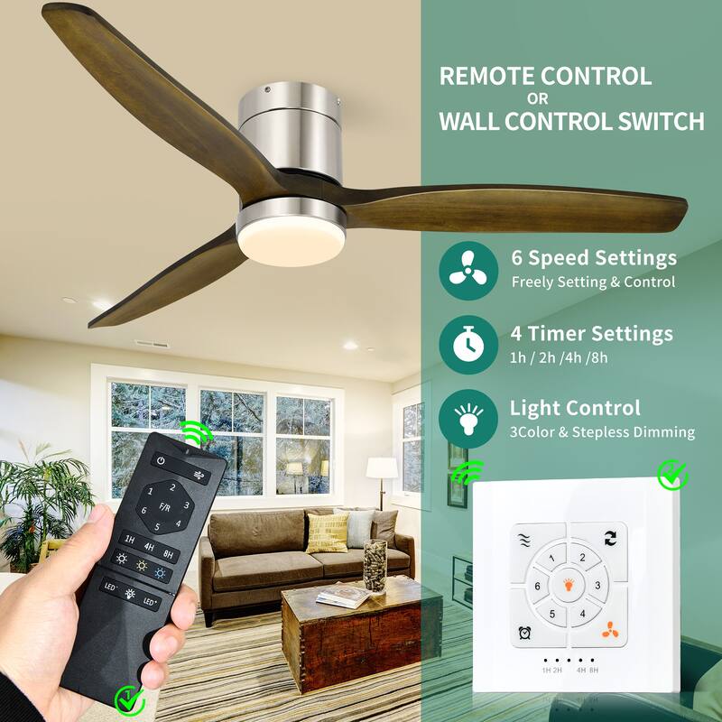 Moasis 52" Low Profile Ceiling Fan with LED Light and Remote Wall Switch 6 Speed Reversible Airflow