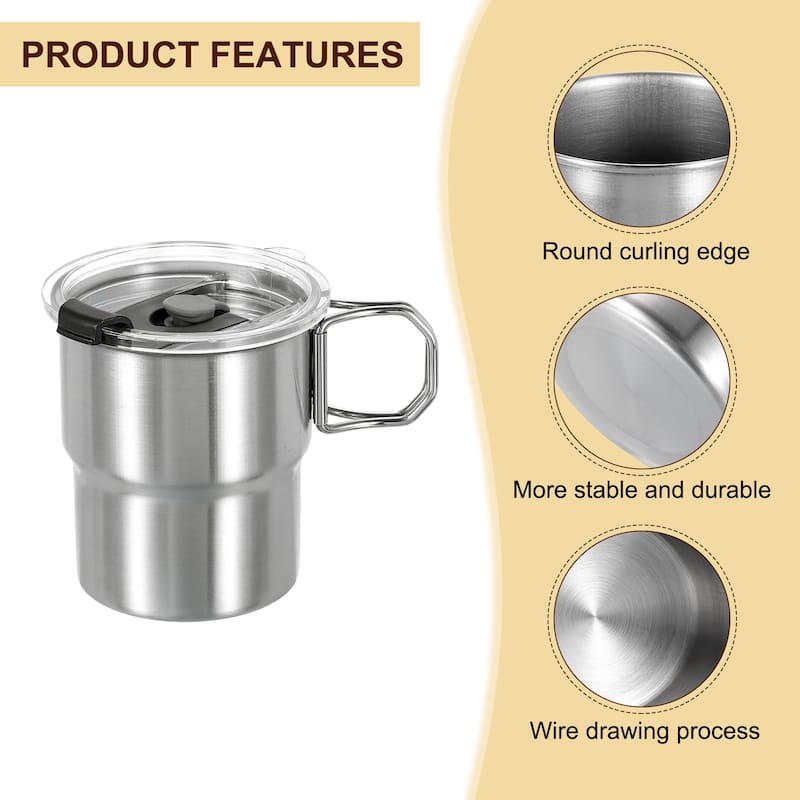 304 Stainless Steel Cups with Handle & Lid, 10oz Metal Double Wall Water Glasses - Silver