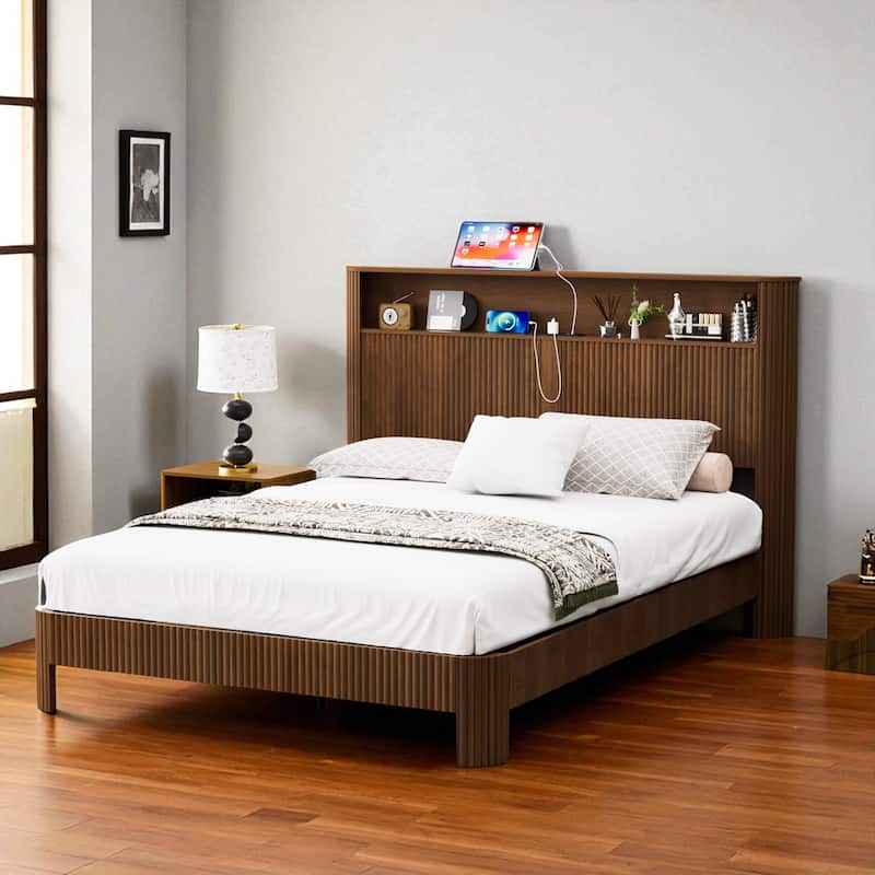 Full XL/Queen Bed Frame with Storage Headboard, USB Charging Station, Noise-Free Metal Platform with Curved Design - Walnut - Queen