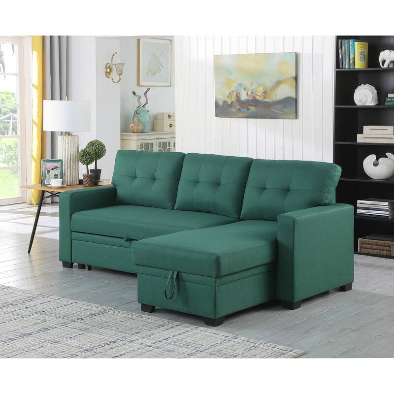 Green Linen Upholstered Pull out Sectional Sofa with Chaise