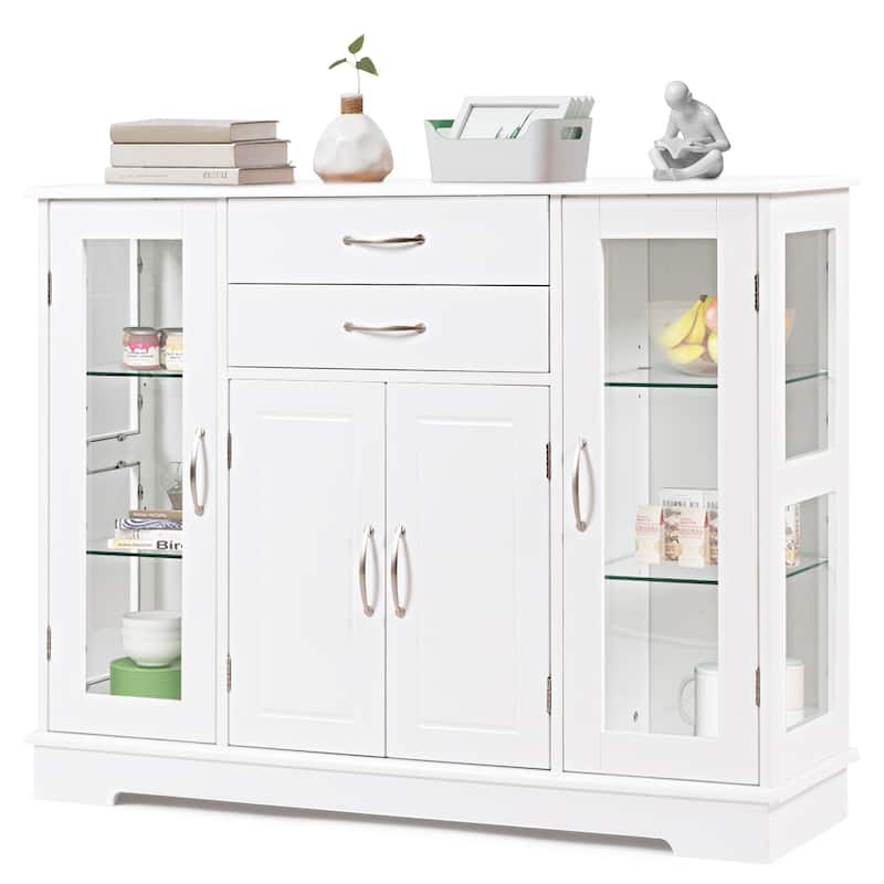 Costway Buffet Storage Cabinet Console Cupboard W/Glass Door Drawers - White